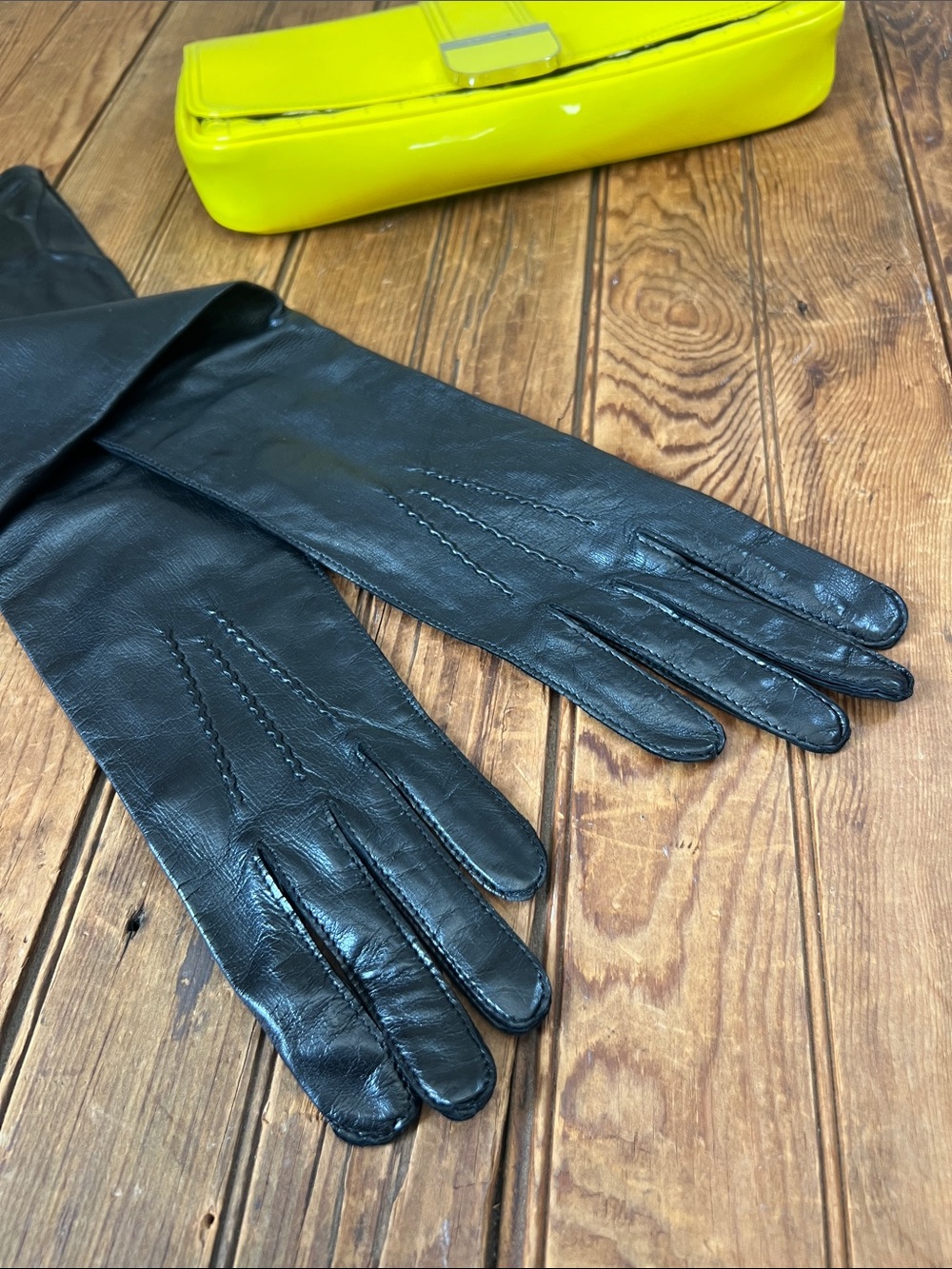 Maison Fabre Women’s Gloves Black Long Leather and silk size 7.5